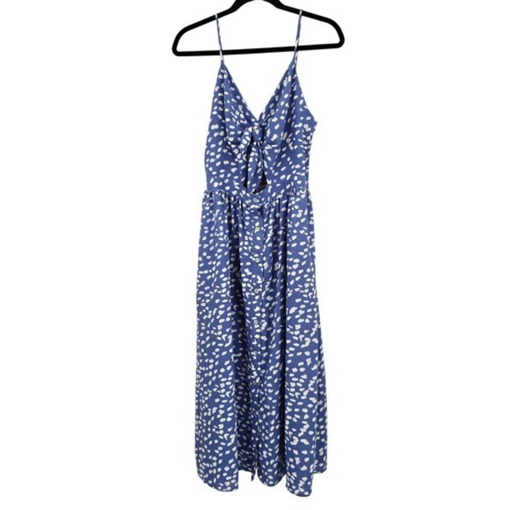 Adrienne Blue Spotted Print Cut Out Tie Front Button Down Midi Sundress Medium